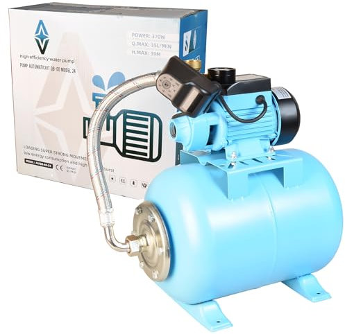 Hauswasserpumpe QB 60 mit 24 Liter Tank - Wasserpumpe (2100l/h, 370W, Förderhöhe 39m) - Membrankessel 24L - Hauswasserautomat mit Druckschalter - für Bewässerung Garten - Hauswasserwerk Fertigset 24 L