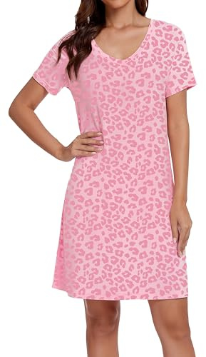 LUBOT Nattkläder för dam av bambu, lätt kortärmad nattklänning med V-ringning, bekväm sömn- och loungekläder för sommaren, storlekar S-4XL, Rosa leopard, L