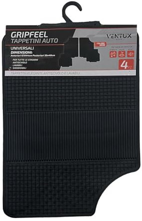 Tappetini Auto Universali in Gomma GripFeel – Set 4 Pezzi – Antiscivolo, Lavabili, Sagomabili – Nero – Anteriori 61x45 cm, Posteriori 39x40 cm