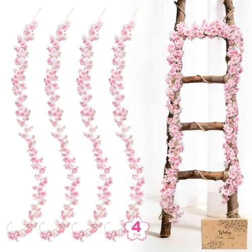 Woltoy 4 Piezas Guirnalda de Flores Artificiales, 180cm Flores Artificiales Decoracion, Cerezo Decoracion de Flores para Bodas Fiestas Jardín y Decoración del Hogar Exterior Interior