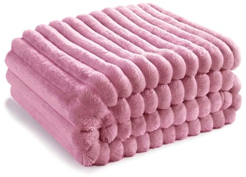 Kuscheldecke 150x200cm - Wolldecke, Sofadecke, Tagesdecke, Extra Warme Wohndecke aus weichem Flanell, Deko Streifen Cord Fleecedecke als Sofaüberwurf für Wohnzimmer (Rosa)