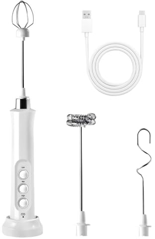Mousseur à Lait Électrique Rechargeable, Tige Mousseuse en Acier Inoxydable 304 avec 3 Têtes, Appareil à Mousse Portatif, Chargement USB et Base de Rangement pour un Café et un Chocolat Chaud