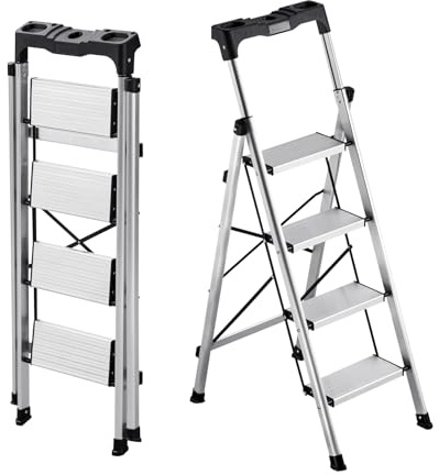 VEVOR Scaletta Pieghevole Salvaspazio con 4 Gradini con Ampio Pedale Antiscivolo e Impugnatura Comoda, Scala a Pioli Portatile in Alluminio con Capacità di 150 kg, Multiuso per Cucina, Casa