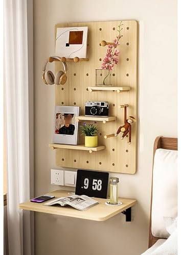 Mesita de noche plegable con organizador de tablero de clavijas, panel de almacenamiento de madera montado en la pared para sala de estar, dormitorio y entrada