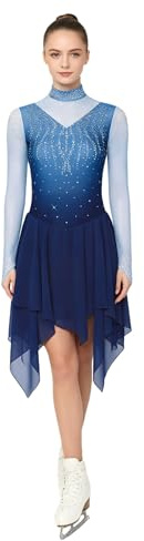 Eandarui Damen Eiskunstlauf Kleid Strass Glitzer Rollschuhkleid Langarm Schlittschuhkleid Farbverlauf Tanzkleid Ballettkleid Mit Asymetrisch Wickelrock Tanzkostüm Blau S