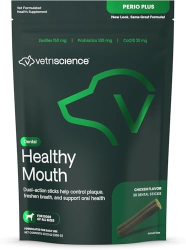 VetriScience Healthy Mouth Dental Chews, Perio Plus Sticks for Dogs, with Probiotics, Spirulina & Zeolites, Breath Freshening, Plaque & Tartar Control, Chicken, 30 Count