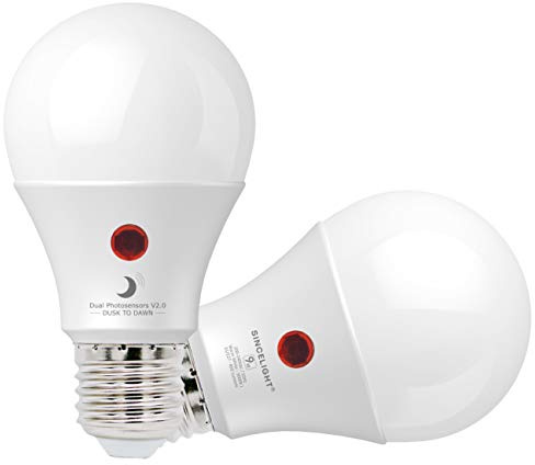 SINCELIGHT Ampoule LED avec double capteur crépusculaire, S'allume et s'éteint automatiquement en fonction de la lumière du jour, pour l'extérieur, 9W, E27 Edison, Blanc Chaud 3000K, 2 Pièces