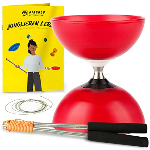 Diabolo Freizeitsport - Diabolo professionell jongleringssats - kullager - röda - aluminiumpinnar - extra ersättningsgarn - guide ingår - för PROFIS - Profi Set