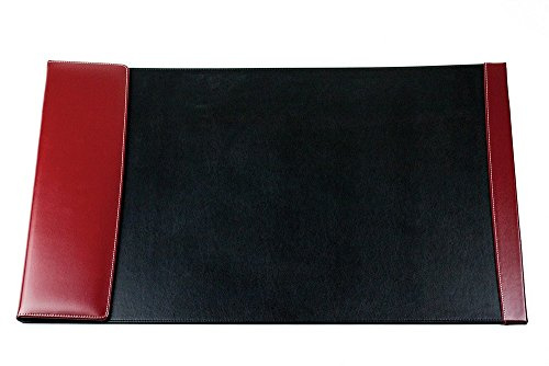 DELMON VARONE - Personalisierbare Schreibtischunterlage mit Klappleiste inkl. Block & Kalender 2026/2027, Cambridge Top Grain Leder schwarz/rot - Rutschfeste Schreibunterlage abwaschbar 66x43cm