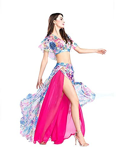 ROYAL SMEELA Bauchtanz Rock Bauchtanz Oberteil Anzug Sexy Bauchtanz kostüm Damen Performance Kleider Blumen Chiffon Tanzen Tops Röcke Tanz Outfit Set für Frauen Tanzkostüm Röcke Oberteil Tanzanzug