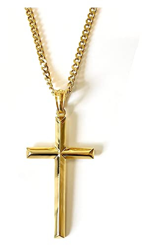 Lifetime Bling 14K Gold Chain Cross Pendant Necklace for Men, Women 14ct w/real strong Solid Clasp Miami Cuban Link style Beveled Edges (20)