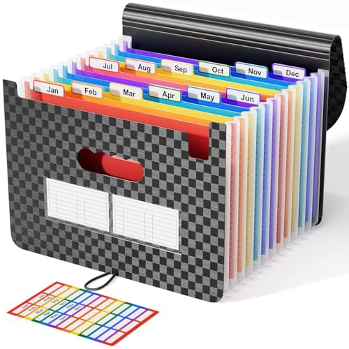 ABC life 12-Pocket Accordion File Organizer, Expandable File Folder with Colorful A-Z Tabs, Portable Bill & Receipt Organizer, Desktop Letter/A4 Document Storage for Home & Office-Black Matt