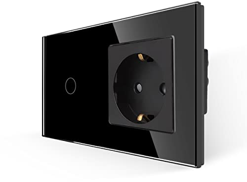 JIMEIDA Steckdose mit Lichtschalter Schwarz, Glas Touch Lichtschalter mit Schuko Steckdose Unterputz, 1-Fach 1-Poliger Wandschalter mit Status-LED, 500 W/Fach