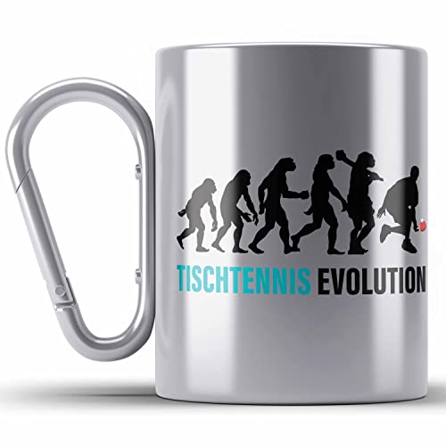 Trendation - Tischtennis Evolution Edelstahl Tasse Karabiner Geschenk Tischtennisspieler Geschenkidee Lustig für Männer Tischtennis Zubehör (Silber)