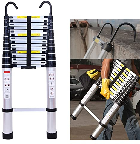 6,2m Aluminium-Teleskopleiter, ausziehbare Klappleiter mit 2 Haken, 150 kg max. Belastung, tragbare Bodenleiter mit rutschfesten Gummifüßen, 109cm gefaltete Höhe, EN131