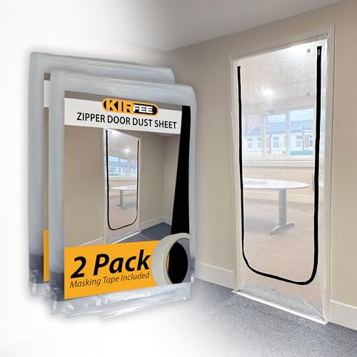 KIRFEE 2 Pack Plastic Door Covers for Interior Doors | Dust Door Sheet with Zip 1.2m x 2.2m | Includes Masking Tape | Perfect Door Covers for Decorating and DIY Projects | Plastic Door Curtain.