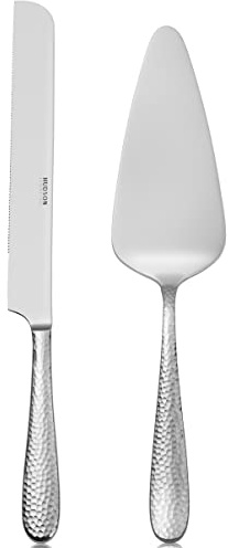 Hudson Essentials Bergamo Hammered 18/10 Stainless Steel Wedding Cake Knife & Cake Server Set – Perfect for Weddings, Engagements, & Birthay Parties