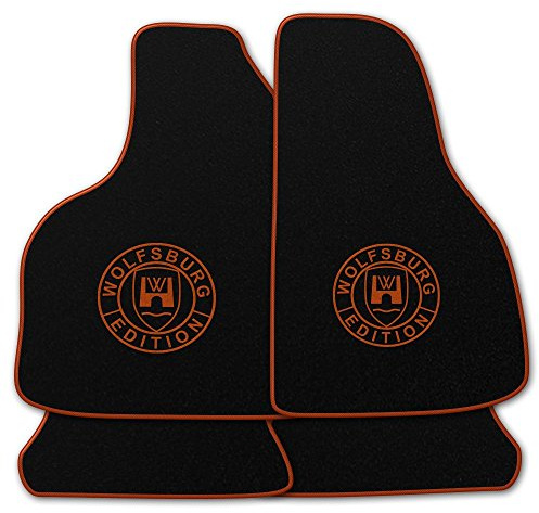 AUTOTEPPICH-Stylers Velours Fußmatten VW Polo Derby 1+2 86 86C, schwarz | LOGO Wolfsburg Edition WOB, Rand in kupfer