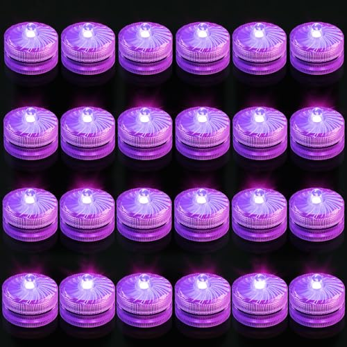 idyl light Purple Submersible Led Lights, Waterproof Tea Lights Underwater Mini Pool Lights Battery Operated Flameless for Vases Fountain Halloween Christmas Home Decorations (24 Pack)