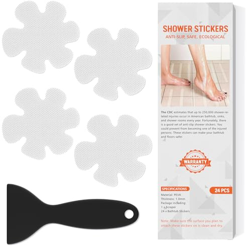 Non Slip Bathtub Stickers, 24 PCS Shower Stickers for Safety Bathroom Tubs, Bathtub Non Slip Stickers and Adhesive Decals Scraper for Bath Tub, Shower Floor, Stairs, Ladders(Flower Shape, Clear)