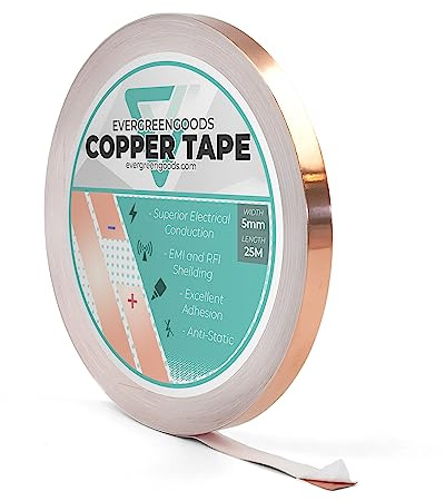 Evergreen Goods Ltd Leitfähiges Klebeband 5 mm x 25 m für Erdung | 1 Rolle | Leitkleber-Band für Schaltkreise, Gitarre | EMI-Abschirmung, Elektrische Reparaturen | Glasmalerei, Metall, Handwerk, Schmuck