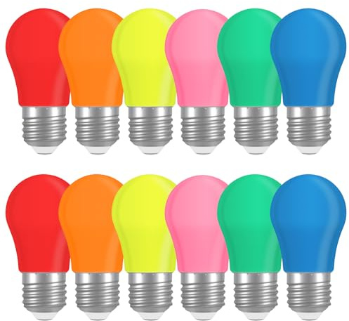 12 Stück Farbige Glühbirnen LED E27 2W, Beleuchtung Glühbirnen, LED Farbige Golf Kugel Glühbirne, Gemischte Farben Rot Grün Blau Orange Gelb Rosa, für Hochzeit Halloween Weihnachten Party Bar