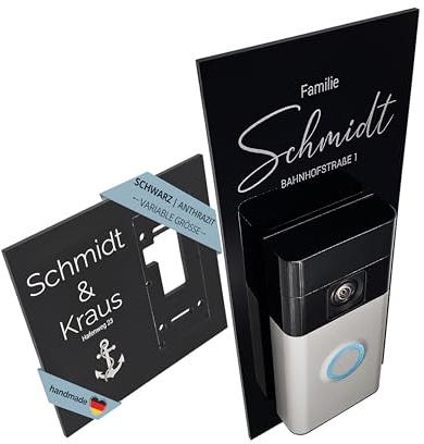 LazerlichtCraft Klingelschild für Ring Akku Videotürklingel/Battery Video Doorbell (2024), Pro & Plus personalisiert – Acrylglas Blende mit Wunschgravur – Schwarz glänzend oder Anthrazit matt