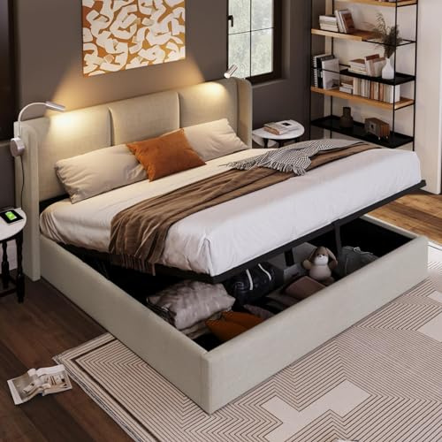 KOMHTOM Lit Double Rembourré Lit Coffre avec Lampe Cadre de Lit Plateform avec Sommier à Lattes en Bois Modernité Chambres à Coucher(sans Matelas) (Beige-Linen, 140x200CM)