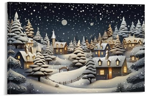 AYAROS Snowy Night Weihnachten bedruckte Leinwand Poster Vintage Landschaft Weiß Schnee Cartoon Wanddekoration geeignet für Wohnzimmer Schlafzimmer