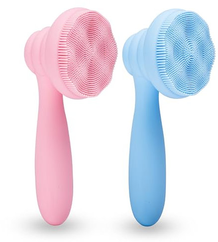 MtBoi 2 PC Silicone Facial Cleansing Brush Facial Scrubber Manual Exfoliating Facial Brush Face Cleanser Face Exfoliator Ultrafine Bristles for Sensitive Skin Easy to Clean Lather Well (Pink&Blue)