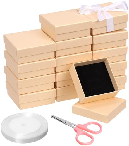 Mardatt 17Pcs Cardboard Gift Boxes Set, Square Velvet Liner Jewelry Case with Scissors and Ribbon - 3 x 3 Inch, Champagne