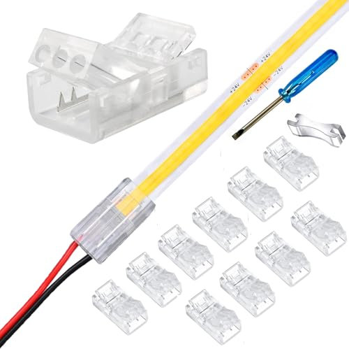 YUTOKEER 2-poliges 8mm COB LED Anschluss-Set – 10 Stück, ohne Löten, mit Schraubendreher und Öffnungswerkzeug