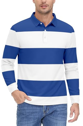Polo Shirts for Men Moisture Wicking Striped Long Sleeve Premium Rugby Casual Regular Fit Top(color33-4XL)