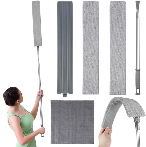Extendable Gap Cleaning Duster, Gap Dust Cleaner Retractable 2.8m, Flexible Feather Duster Microfiber Duster Dust Brush with Extension Pole, 2 Cloth Cover, 1 Rag, for Sofa Bed Furniture Bottom