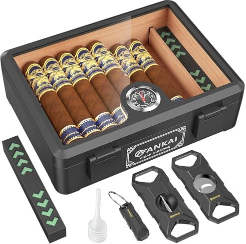 FANKAI Cigar Humidor, Full Glass Top Cigar Box with Humidifier and Hygrometer, Drop-proof Crushproof Cigar Case, Cedar Wood Lining Storage Box with Divider for 20-25 Cigars (Black)
