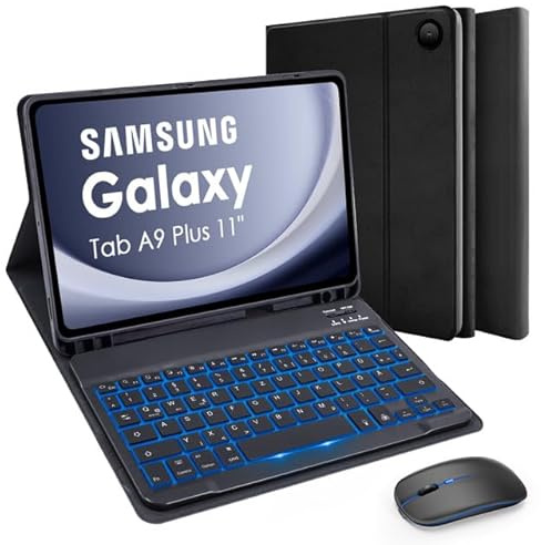 SOPPY Tastaturhülle mit Maus für Samsung Galaxy Tab A9 Plus 2023/Tab A11 Plus 2025 11 Zoll (SM-X210/X216/X218), Hülle mit Tastatur & Maus Schutzhülle - Deutsches QWERTZ, Schwarz Beleuchtet