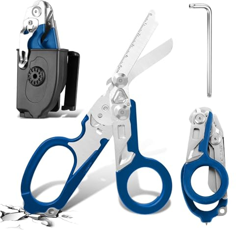 Zengjunwei 6-In-1 Faltbar Rettungsschere, für Outdoor Camping, Blau | Trauma Schere, Notfallschere, verbandsschere, Mit K-Schutzhülle, Schraubenschlüssel für Professionelle Rettungsdienste