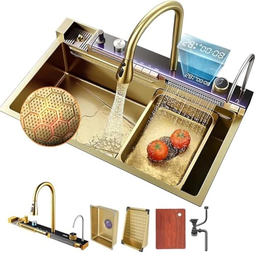 Faizee Home Wasserfall-Küchenspüle 75x45 cm – 1 Becken Nano Edelstahlspüle Gold mit Sprudelwasserhahn, 4-fach Armatur, Überlauf, Siphon, Ablaufgarnitur – modernes Spülbecken mit Zubehör