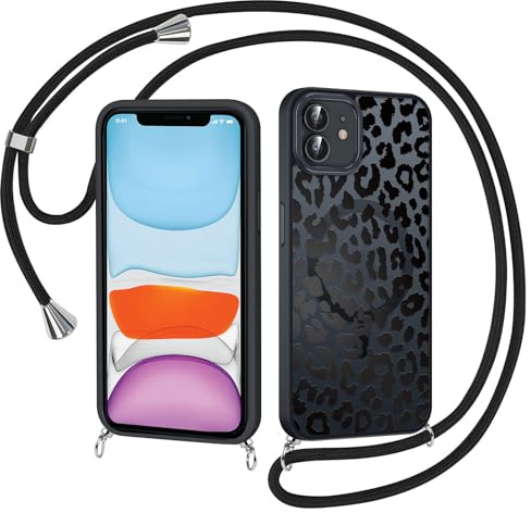 Coiwxmoi Magnetische Handykette Handyhülle für iPhone 12/iPhone 12 Pro Hülle mit Band, Kompatibel mit MagSafe, Aesthetic Leopard Muster Case mit Kordel, Matte PC Dünn TPU Stoßfest Cover, Schwarz