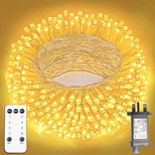 XmasBokeh Fairy Lights, 20m 200 LED, Warm White, Clear Cable, Plug in | Mains-powered string lights with remote, timer, memory and 8 modes. IP44 waterproof for Christmas trees, bedrooms, gardens.