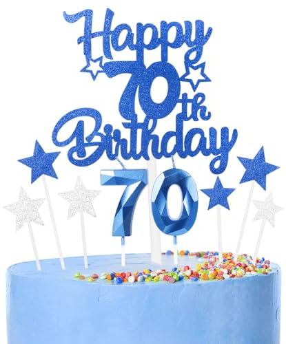 Royal Blue Happy 70th Birthday Candles Cake Topper Set,Blue Number 70 Birthday Candles with Blue 70th Birthday Cake Toppers Star Cupcake Toppers for Girls Boys Birthday Anniversary Decorations