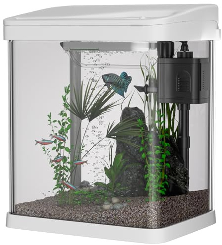 Fish Tank, 9L Small Glass Aquarium with Filter System, LED Lights, Water Pump, Fish Tank for Goldfish, Mini Fish, Shrimps, White