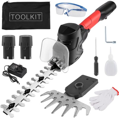 2 In 1 Cordless Hedge Trimmer & Grass Shear, 12V Electric Hedge Trimmer with 2000mAh Battery, Rechargeable Garden Strimmer Tools Set with 2x Blades and UK Charger for Hedges Branches Shrubs Lawn