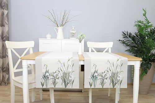 Deko Tischläufer Frühling Sommer Abwaschbar Stoff 140x45 cm, 100% Jacquard Gobelin, Table Runner, Läufer Tisch für Esszimmer, Geburtstag, Bauernhaus, Küche, Tischdekoration – Schneeglöckchen