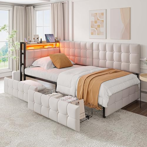 EINHOM Schlafsofa Tagesbett 90x200 cm, Polsterbett mit 2 Schubladen, Kinderbett mit LED-Nachttischlampe, USB- und-Typ-C-Anschluss, Multifunktionales Einzelbett, Weiß Ohne Matratze