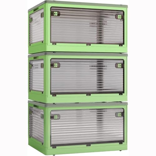 Roqao 3 Pack Aufbewahrungsboxen mit Deckel 84L Kunststoffboxen mit Rollen | Zusammenklappbare Kisten Aufbewahrung Transparent Storage Boxes mit Fünf Türen Stapelkisten Lagerboxen Grün (60×42×100cm)