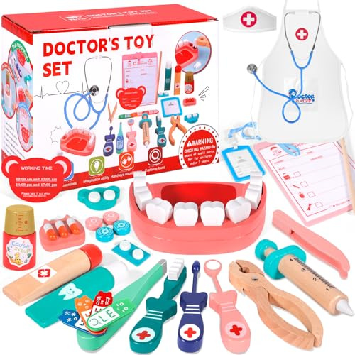 NXPZ Barnläkarutrustning, Trä Tandläkarleksakssats för Barn, Rollspelsleksak, med Riktigt Stetoskop och Tillbehör, för Pojkar och Flickor i Åldrarna 3 4 5 6 7 8 År (38 Delar)