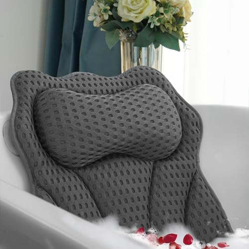 Joeyset Luxury Bathtub Pillow, 4D Air Mesh Fabric for Breathability & Quick-Drying, Extra Thick Spa Cushion for Head, Neck, Back Support, Non-Slip Tub Pillow with Strong Suction Cups (Gray)