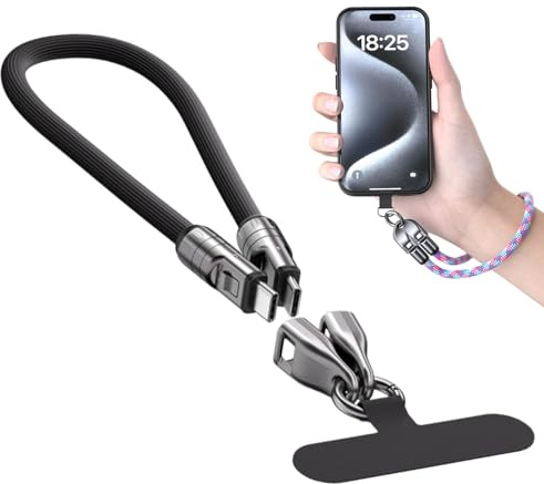 30cm Smart Lanyard,240W Charging Cable with Wearable Bracelet Design,240W USB C Cable Phone Wrist Strap Lanyard,Mobile Phone Lanyard,Crossbody & Wrist Strap Lanyard,2in1 Charger Type C,Black