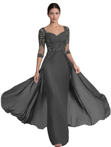 luolandi Elegant Sheath/Column Floor Length 3/4 Length Sleeve Square Neck Chiffon Lace Sequin Appliques Formal Evening Dress Charcoal Grey
